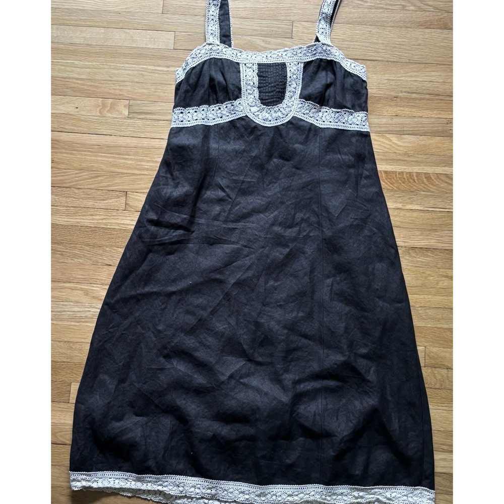 LOFT Black Midi Dress with White Lace Trim